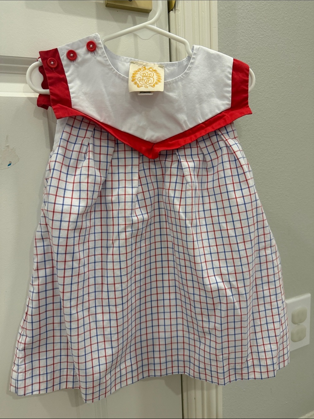 Beaufort Bonnet Girls Red & White Sailor Dress with Blue Grid Pattern